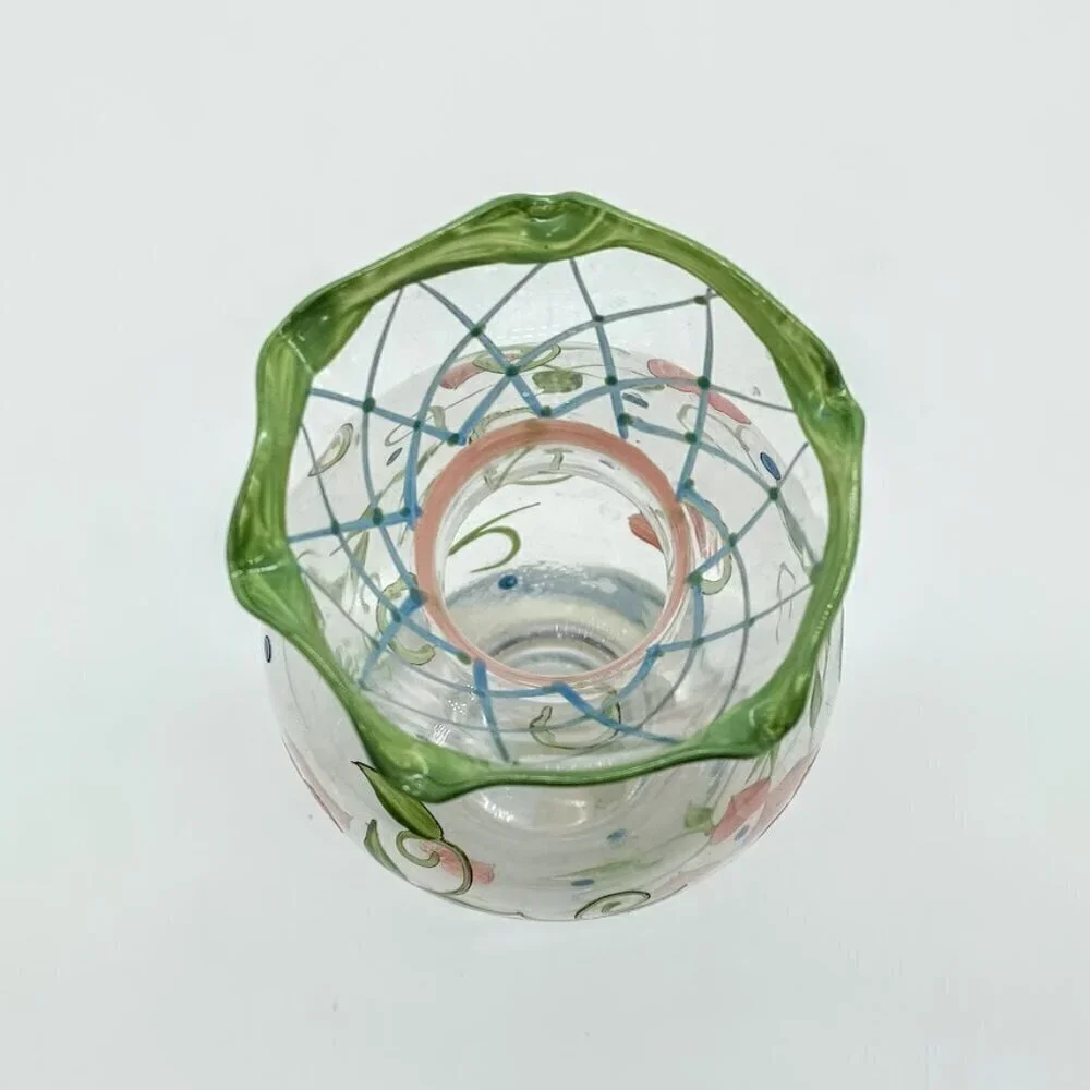 Tracy Porter Hand-Painted Green Pink Hearts Floral Glass Bud Vase